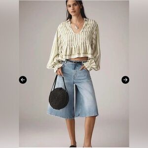 Anthropologie Green and White Striped Balloon Sleeve Blouse